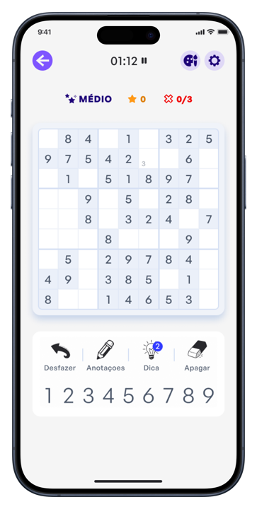 Tela real do Minoko com um jogo de Sudoku em andamento